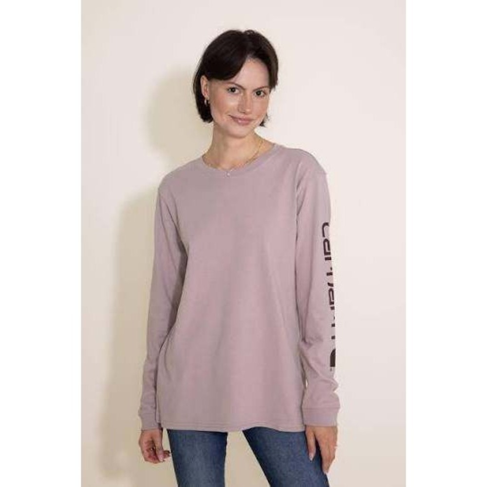 Carhartt Shirt Womens Medium Loose Fit Long Sleeve Graphic Logo T-Shirt Mauve
